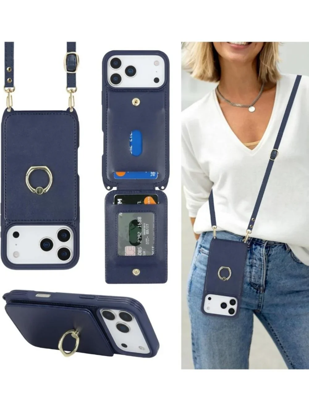 Stylish Dark Blue Crossbody Wallet Case for iPhone 17 Pro with Adjustable Strap
